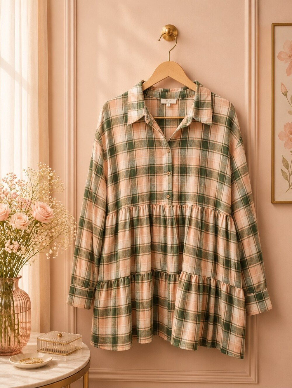 NWOT easel Medium Peach and Forest Green Plaid Button-Front Tunic